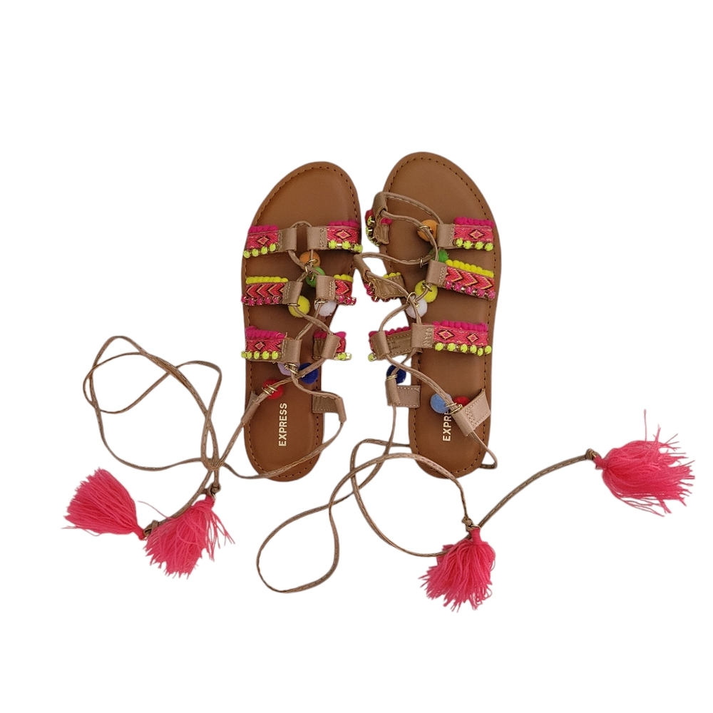 Express Pom Pom Lace up flat sandals Size 8